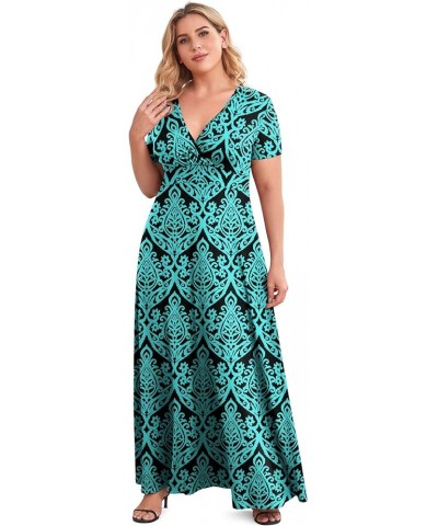 Women's Solid V-Neck Short Sleeve Plus Size Evening Party Maxi Dress Blue Green $19.42 Dresses