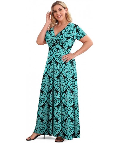 Women's Solid V-Neck Short Sleeve Plus Size Evening Party Maxi Dress Blue Green $19.42 Dresses