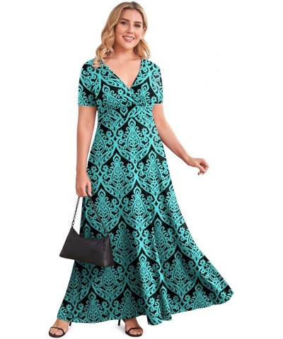 Women's Solid V-Neck Short Sleeve Plus Size Evening Party Maxi Dress Blue Green $19.42 Dresses