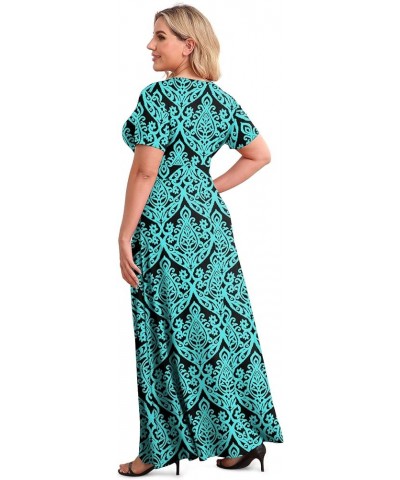 Women's Solid V-Neck Short Sleeve Plus Size Evening Party Maxi Dress Blue Green $19.42 Dresses