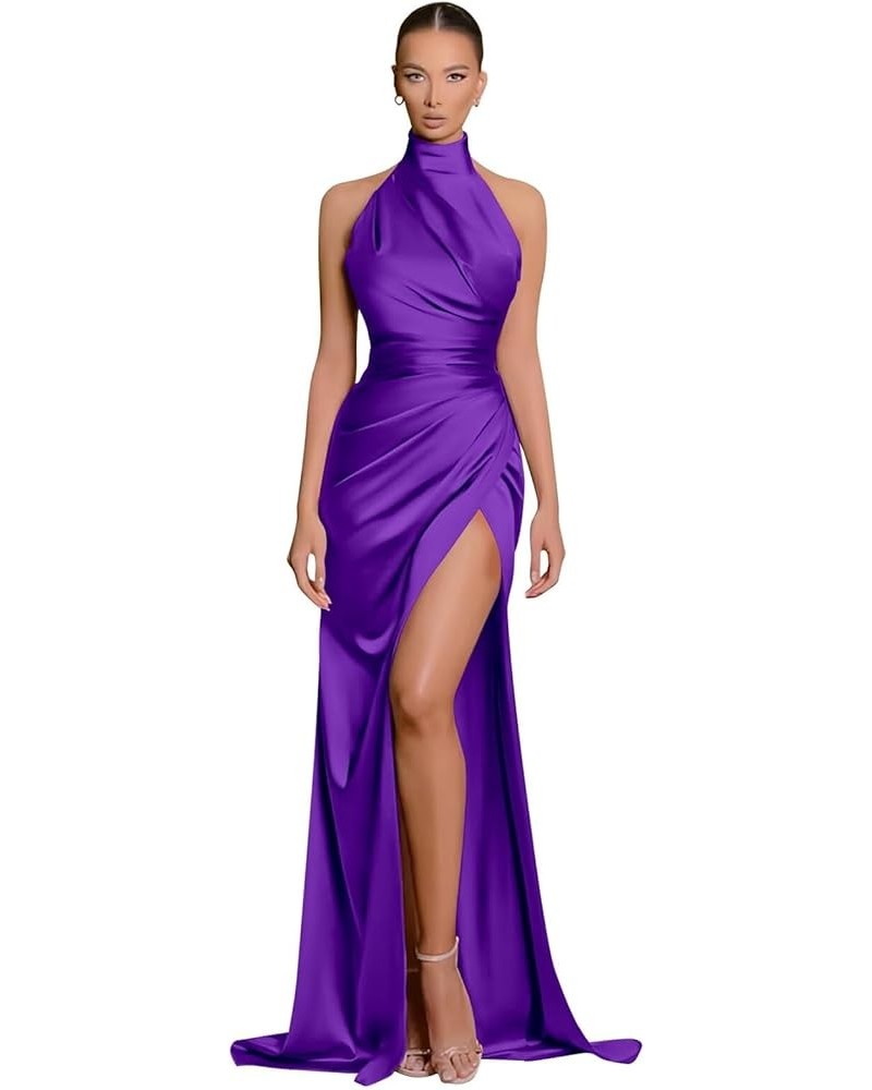 Halter Satin Bridesmaid Dresses Long Mermaid Prom Dress for Women Formal Party Evening Gown with Slit Purple $32.00 Dresses