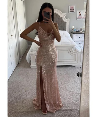 Mermaid Sequin Prom Dresses 2024 Long Slit Cowl Neck Evening Formal Dress with Slit Silver $35.74 Dresses