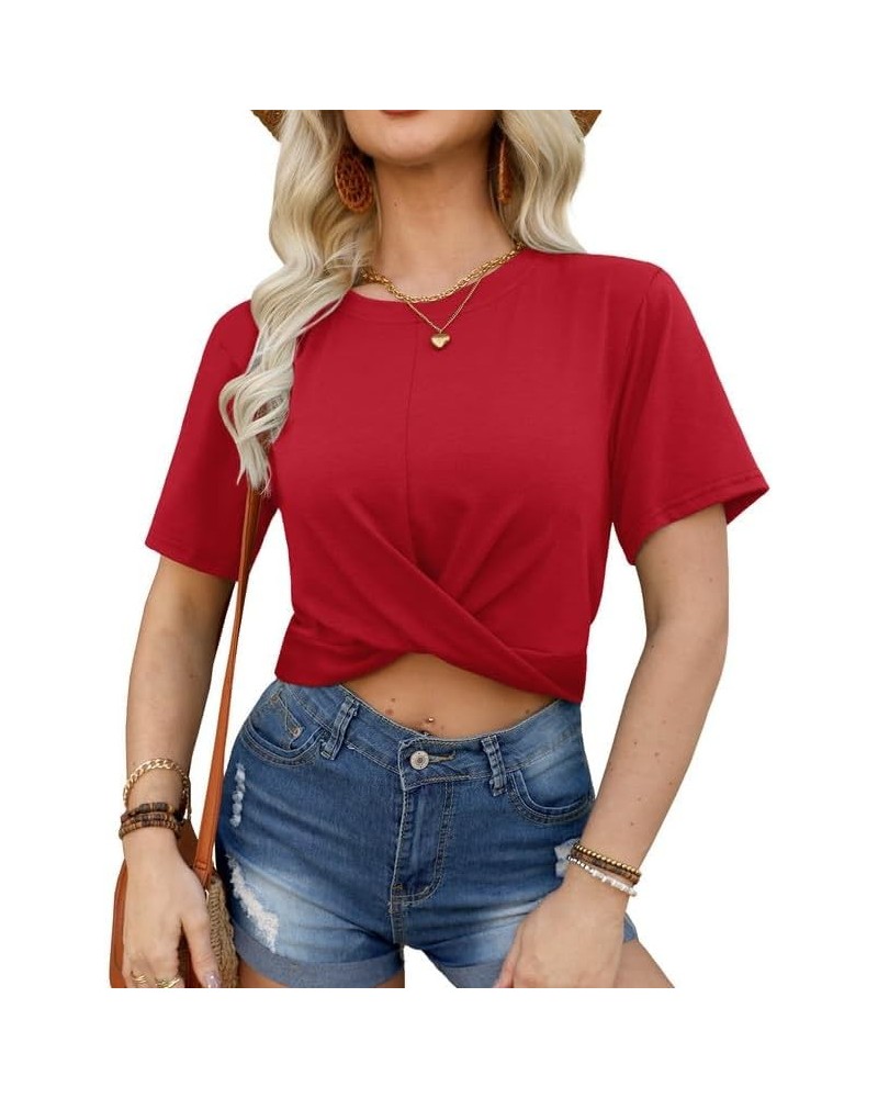 Summer Women's Crop Tops Casual Crewneck Short Sleeve Twist Front Tee T-Shirt Red $11.28 T-Shirts