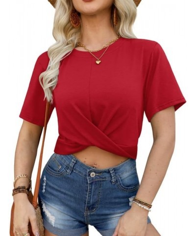 Summer Women's Crop Tops Casual Crewneck Short Sleeve Twist Front Tee T-Shirt Red $11.28 T-Shirts