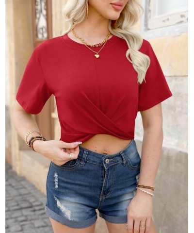 Summer Women's Crop Tops Casual Crewneck Short Sleeve Twist Front Tee T-Shirt Red $11.28 T-Shirts