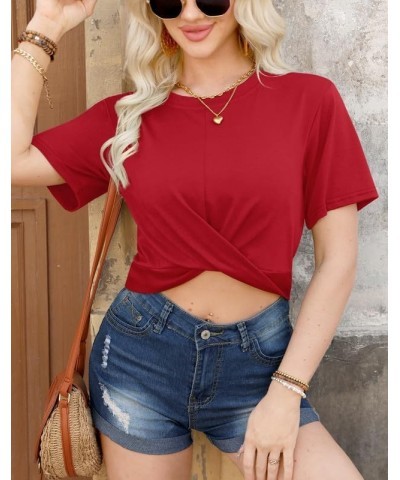 Summer Women's Crop Tops Casual Crewneck Short Sleeve Twist Front Tee T-Shirt Red $11.28 T-Shirts