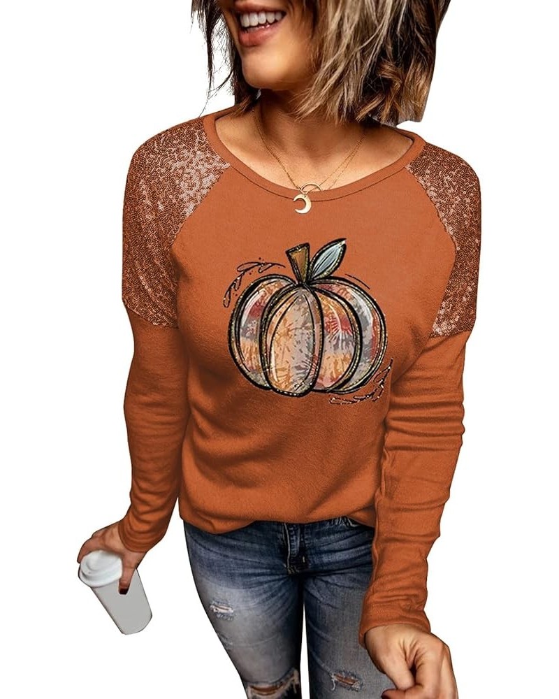 Halloween Shirt Womens Funny Pumpkin Printed Sequined Splicing Sleeve T-Shirt Fall Graphic Tee Thanksgiving Gift Tops A-brown...