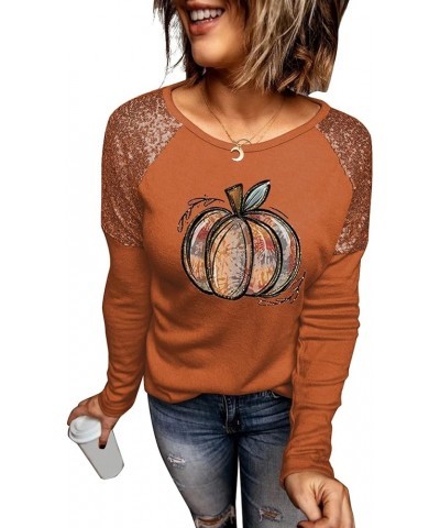 Halloween Shirt Womens Funny Pumpkin Printed Sequined Splicing Sleeve T-Shirt Fall Graphic Tee Thanksgiving Gift Tops A-brown...