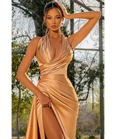 Women's Mermaid Satin Prom Dresses Long with Slit Halter Corset Formal Dresses Pleated Evening Party Gown Black $26.66 Dresses