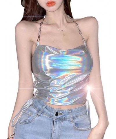 Womens Sexy Adjustable Metallic Chain Halter Cami Crop Tops Sleeveless Cowl Neck Bralette Club Vests Silver $10.19 Tanks