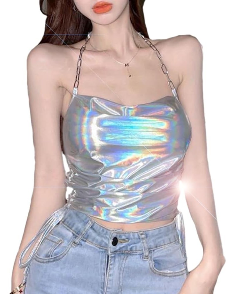 Womens Sexy Adjustable Metallic Chain Halter Cami Crop Tops Sleeveless Cowl Neck Bralette Club Vests Silver $10.19 Tanks