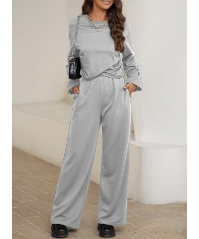 Womens 2 Piece Outfits Tulip Hem Side Pleated Sweatshirts High Waisted Pants Sweatsuit Lounge Sets Light Gray $23.84 Activewear