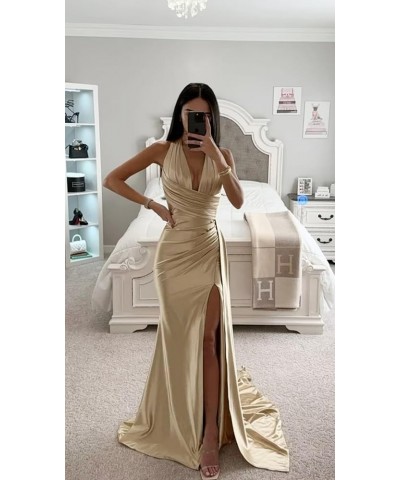 Women's Mermaid Satin Prom Dresses Long with Slit Halter Corset Formal Dresses Pleated Evening Party Gown Black $26.66 Dresses