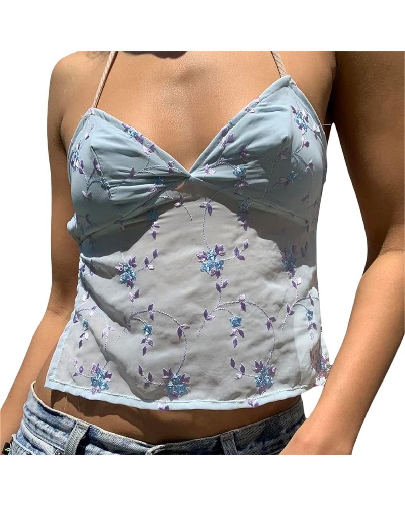 Women Sexy Lace Trim Cami Top Y2k Spaghetti Strap Backless Sheer Mesh Tank Tops E-Girl Aesthetic Going Out Crop Tops D-blue $...