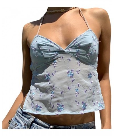 Women Sexy Lace Trim Cami Top Y2k Spaghetti Strap Backless Sheer Mesh Tank Tops E-Girl Aesthetic Going Out Crop Tops D-blue $...