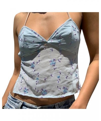 Women Sexy Lace Trim Cami Top Y2k Spaghetti Strap Backless Sheer Mesh Tank Tops E-Girl Aesthetic Going Out Crop Tops D-blue $...