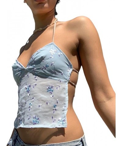 Women Sexy Lace Trim Cami Top Y2k Spaghetti Strap Backless Sheer Mesh Tank Tops E-Girl Aesthetic Going Out Crop Tops D-blue $...