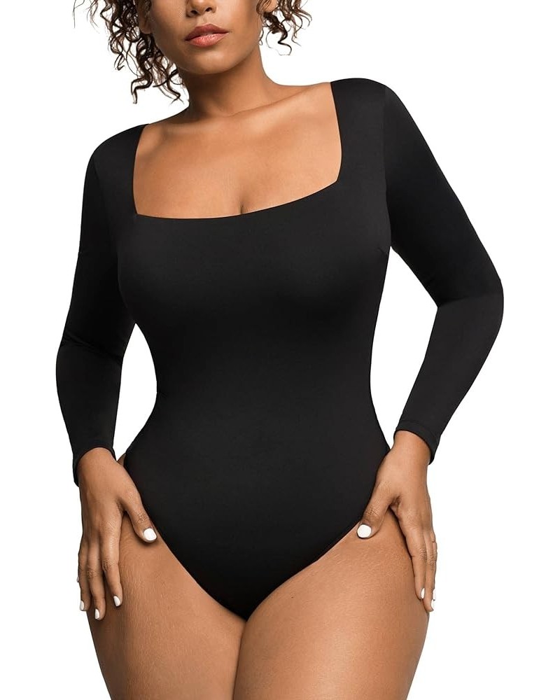 Shapewear Bodysuits for Women with Built In Bra Square Neck Short Sleeve Thong Body Suits Corset Tops Black $23.36 Lingerie