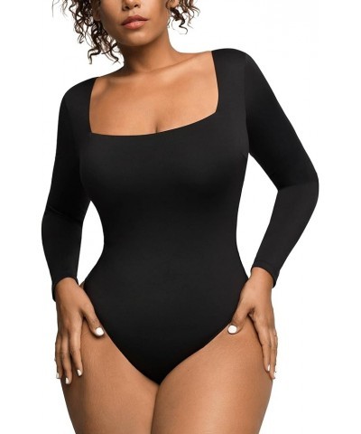 Shapewear Bodysuits for Women with Built In Bra Square Neck Short Sleeve Thong Body Suits Corset Tops Black $23.36 Lingerie