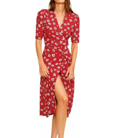 Women's Summer Floral Printed Button Wrap V Neck Midi Dress Short Sleeve Split Garden Beach Party Dresses Red C $25.85 Dresses