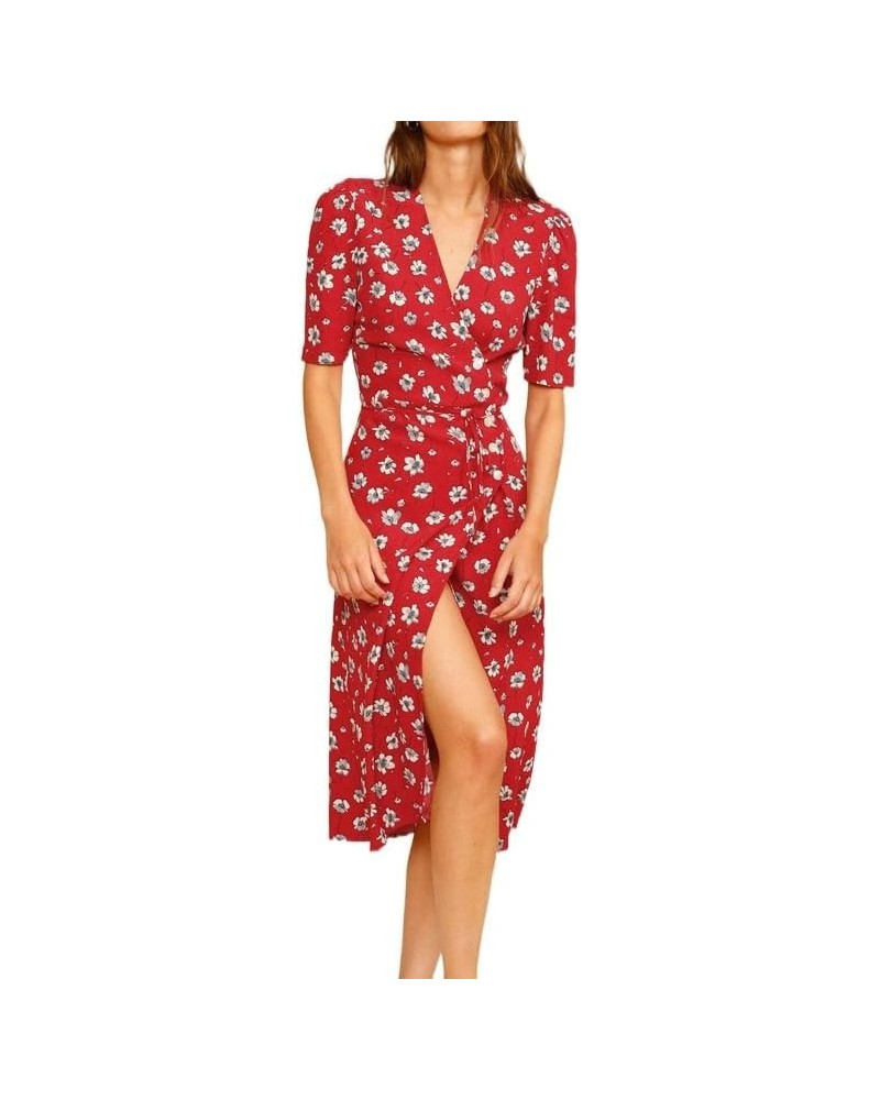 Women's Summer Floral Printed Button Wrap V Neck Midi Dress Short Sleeve Split Garden Beach Party Dresses Red C $25.85 Dresses