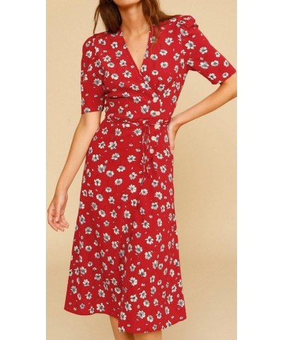 Women's Summer Floral Printed Button Wrap V Neck Midi Dress Short Sleeve Split Garden Beach Party Dresses Red C $25.85 Dresses