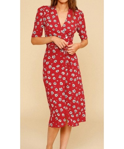 Women's Summer Floral Printed Button Wrap V Neck Midi Dress Short Sleeve Split Garden Beach Party Dresses Red C $25.85 Dresses