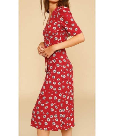 Women's Summer Floral Printed Button Wrap V Neck Midi Dress Short Sleeve Split Garden Beach Party Dresses Red C $25.85 Dresses