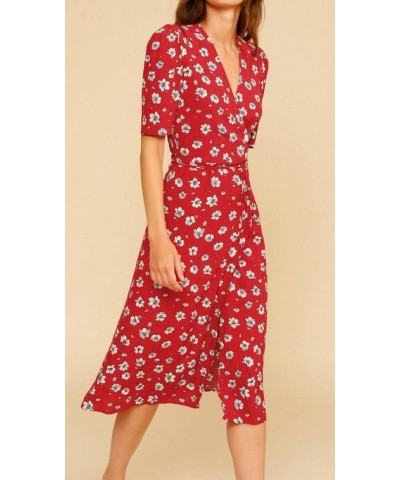 Women's Summer Floral Printed Button Wrap V Neck Midi Dress Short Sleeve Split Garden Beach Party Dresses Red C $25.85 Dresses