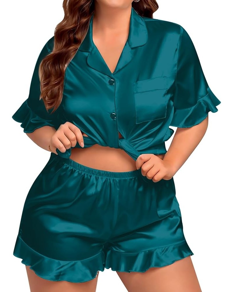 Womens Plus Size Pajamas Satin Silk Short Sleeve Pjs Sets Ruffle Shorts Plus 2 Piece Sleepwear Summer Pj with Pocket Deep Gre...