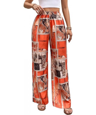 Women's All Over Print Patchwork Wide Leg Hippie Elastic High Waist Boho Pants Orange $21.45 Leggings