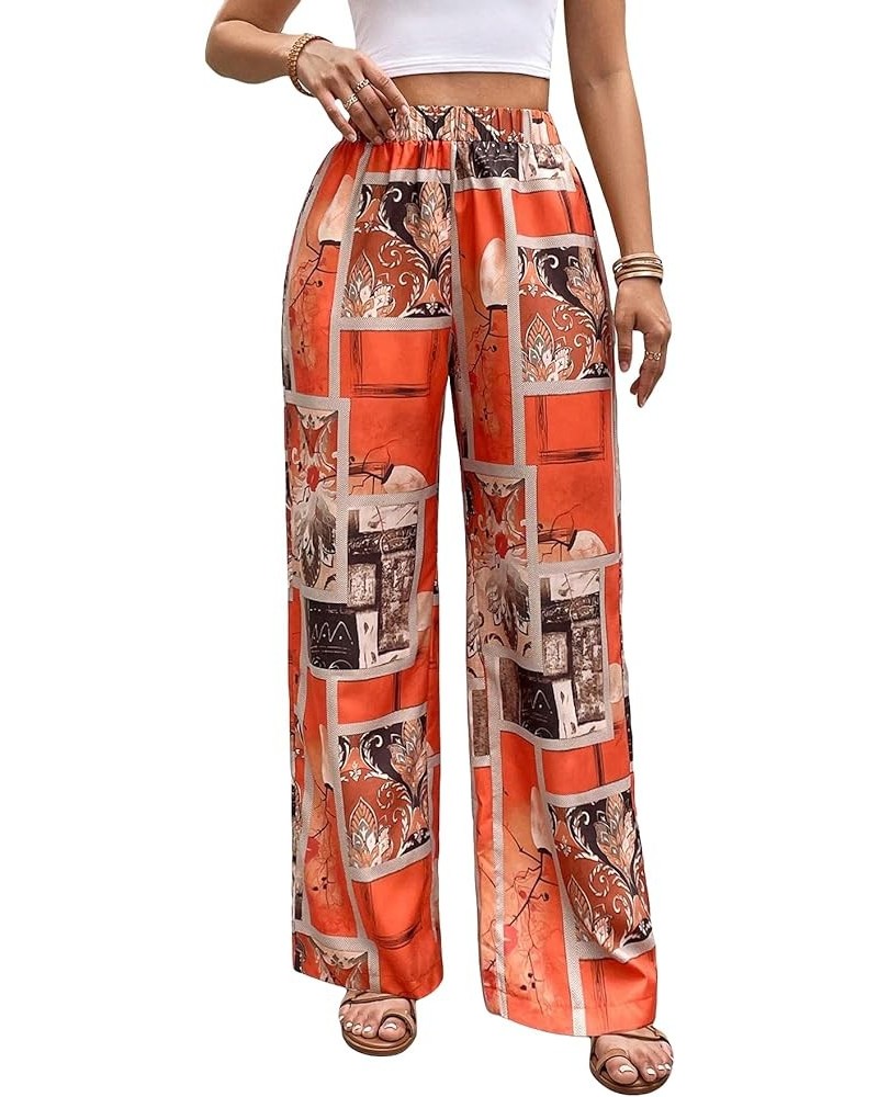 Women's All Over Print Patchwork Wide Leg Hippie Elastic High Waist Boho Pants Orange $21.45 Leggings