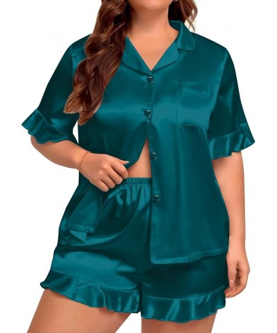 Womens Plus Size Pajamas Satin Silk Short Sleeve Pjs Sets Ruffle Shorts Plus 2 Piece Sleepwear Summer Pj with Pocket Deep Gre...