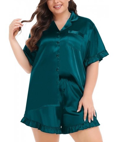 Womens Plus Size Pajamas Satin Silk Short Sleeve Pjs Sets Ruffle Shorts Plus 2 Piece Sleepwear Summer Pj with Pocket Deep Gre...