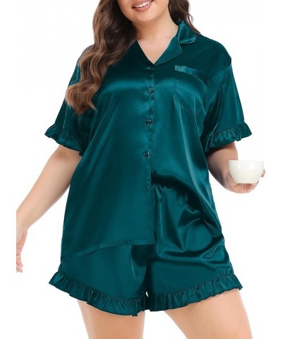 Womens Plus Size Pajamas Satin Silk Short Sleeve Pjs Sets Ruffle Shorts Plus 2 Piece Sleepwear Summer Pj with Pocket Deep Gre...