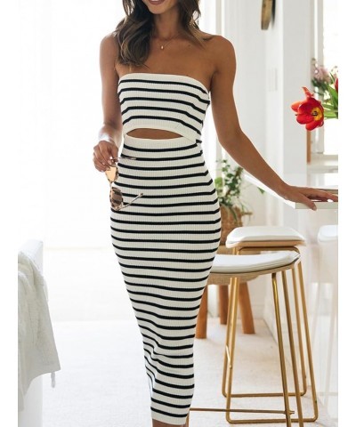 Women Casual Tube Top Maxi Dress Strapless Off Shoulder Backless Sleeveless Bodycon Long Dress Bandeau Dress Hollow Out White...