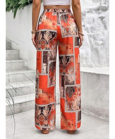 Women's All Over Print Patchwork Wide Leg Hippie Elastic High Waist Boho Pants Orange $21.45 Leggings