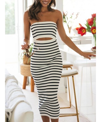 Women Casual Tube Top Maxi Dress Strapless Off Shoulder Backless Sleeveless Bodycon Long Dress Bandeau Dress Hollow Out White...