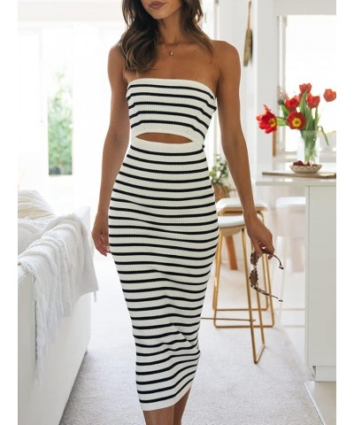 Women Casual Tube Top Maxi Dress Strapless Off Shoulder Backless Sleeveless Bodycon Long Dress Bandeau Dress Hollow Out White...