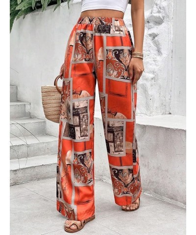 Women's All Over Print Patchwork Wide Leg Hippie Elastic High Waist Boho Pants Orange $21.45 Leggings