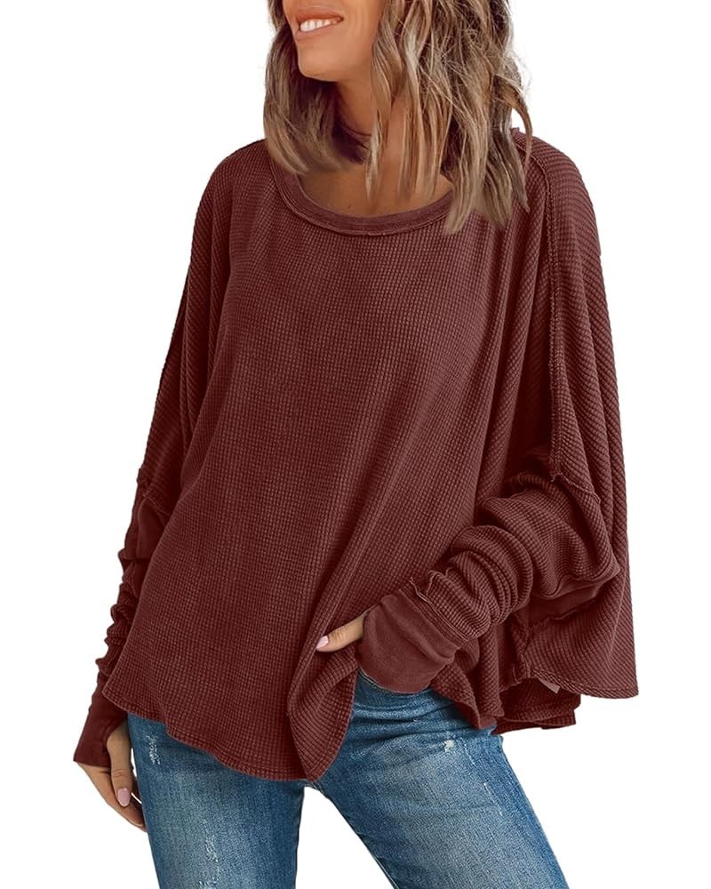 Womens Waffle Knit Tunic Tops Oversized Batwing Long Sleeve Shirt Casual Loose Fit Crewneck Pullover Wine $15.67 Tops