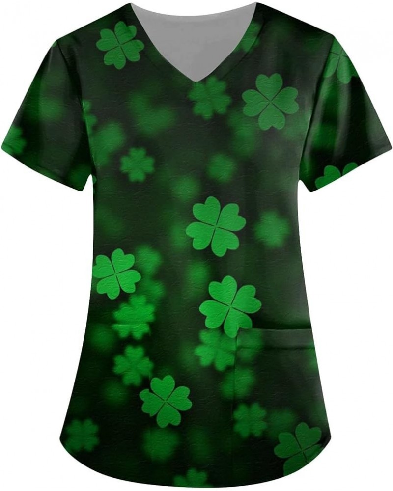 Women St Patricks Day Scrubs Tops Short Sleeve V-Neck Funny Shamrock Irish Pocketed Nurse Working Uniforms 10-st Patricks Day...