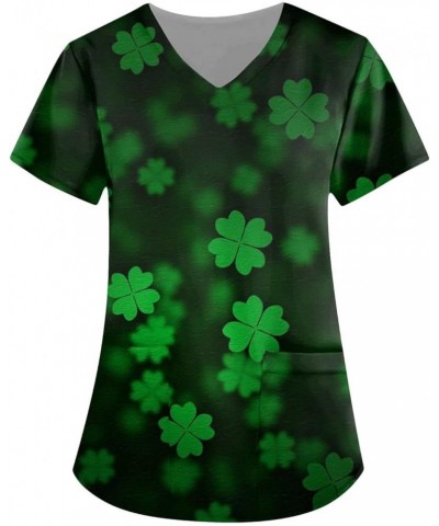 Women St Patricks Day Scrubs Tops Short Sleeve V-Neck Funny Shamrock Irish Pocketed Nurse Working Uniforms 10-st Patricks Day...