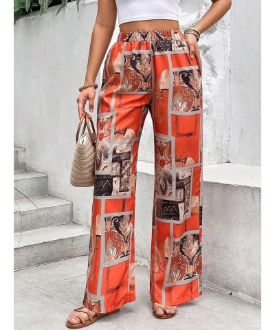 Women's All Over Print Patchwork Wide Leg Hippie Elastic High Waist Boho Pants Orange $21.45 Leggings