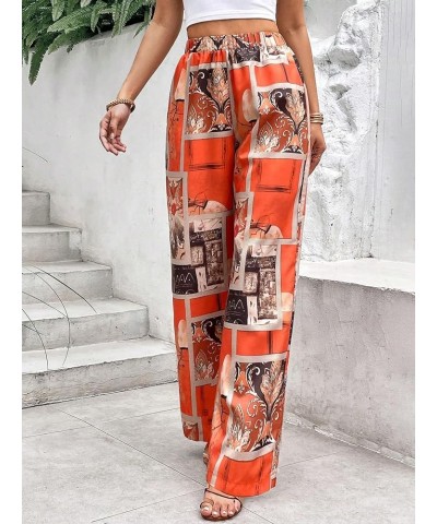 Women's All Over Print Patchwork Wide Leg Hippie Elastic High Waist Boho Pants Orange $21.45 Leggings