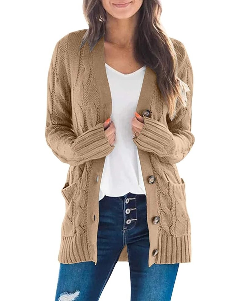 Women's Open Front Cardigan Sweaters Fashion Button Down Cable Knit Chunky Outwear Coats Khaki $21.99 Sweaters