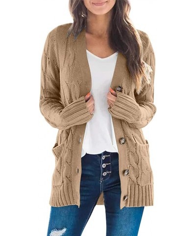 Women's Open Front Cardigan Sweaters Fashion Button Down Cable Knit Chunky Outwear Coats Khaki $21.99 Sweaters