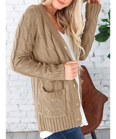 Women's Open Front Cardigan Sweaters Fashion Button Down Cable Knit Chunky Outwear Coats Khaki $21.99 Sweaters