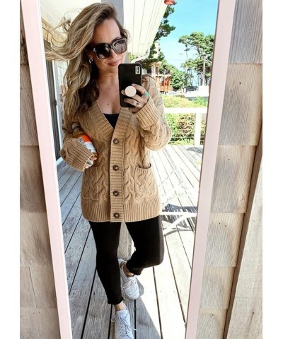 Women's Open Front Cardigan Sweaters Fashion Button Down Cable Knit Chunky Outwear Coats Khaki $21.99 Sweaters