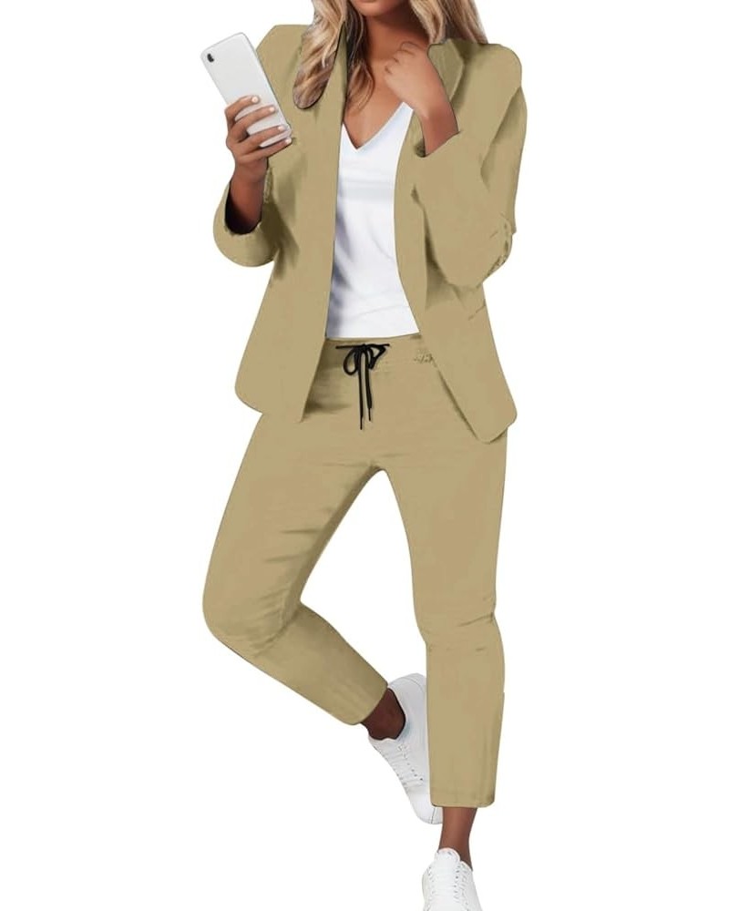 Womens Elegant Solid Color Suit Long Sleeve Cardigan Pockets Top Elastic Straight Leg Official Pants Suits for Khaki $27.72 B...